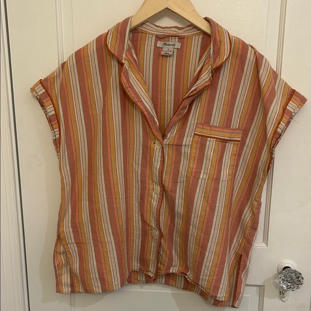 Madewell Striped Short-Sleeve Button-Up Pajama Top in Coral, Yellow & Cream